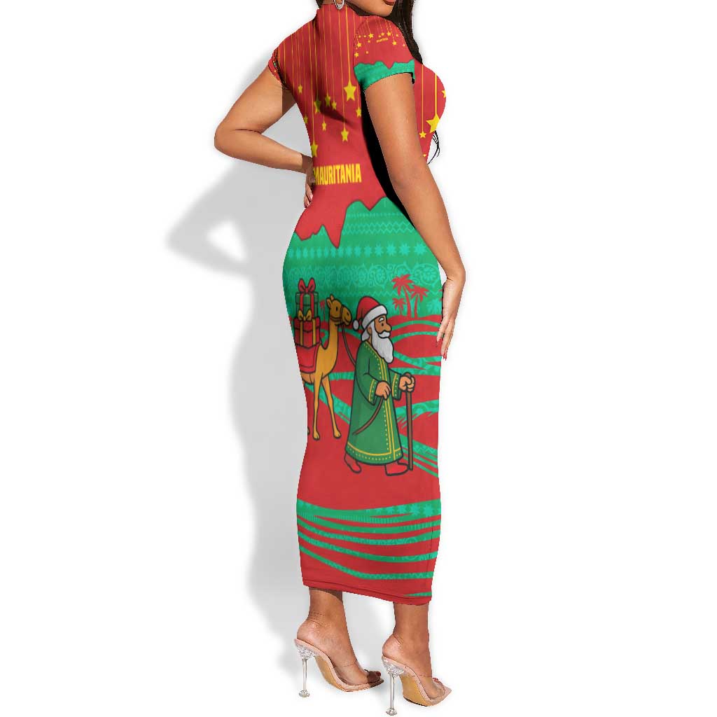 Mauritania Christmas Short Sleeve Bodycon Dress Santa Claus Camel Gift Boxes Starry Sky and Desert - African Pride