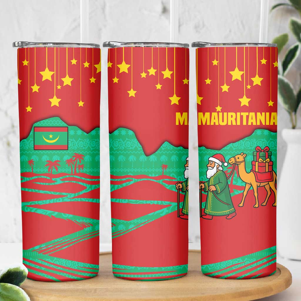 Mauritania Christmas Skinny Tumbler Santa Claus Camel Gift Boxes Starry Sky and Desert - African Pride