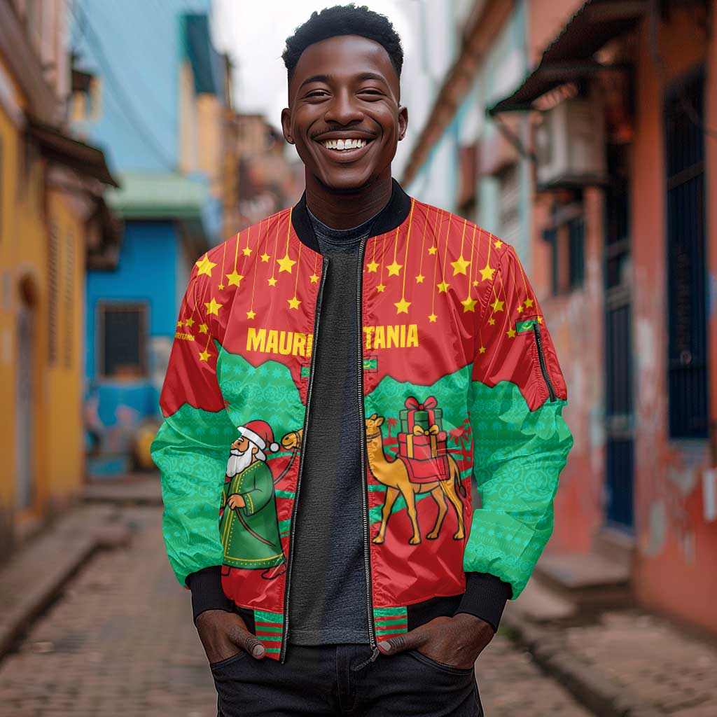 Mauritania Christmas Sleeve Zip Bomber Jacket Santa Claus Camel Gift Boxes Starry Sky and Desert - African Pride