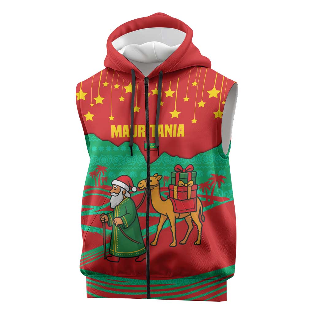 Mauritania Christmas Sleeveless Zip Hoodie Santa Claus Camel Gift Boxes Starry Sky and Desert - African Pride