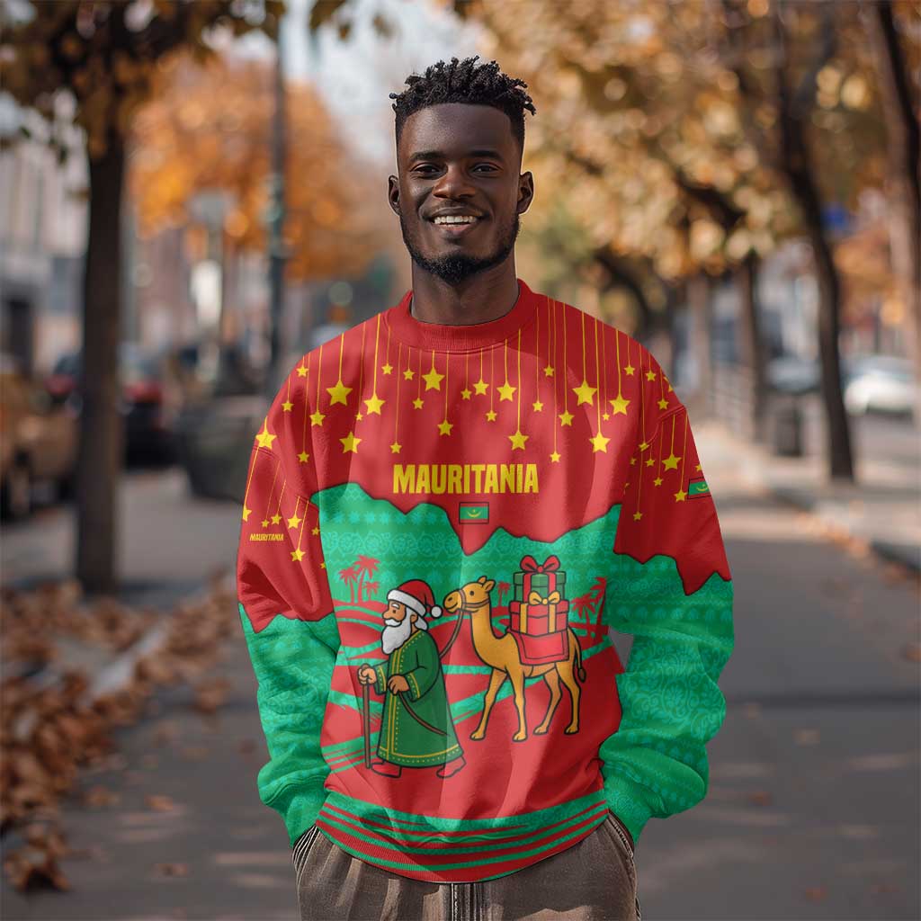Mauritania Christmas Sweatshirt Santa Claus Camel Gift Boxes Starry Sky and Desert - African Pride