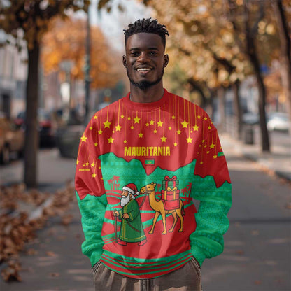 Mauritania Christmas Sweatshirt Santa Claus Camel Gift Boxes Starry Sky and Desert - African Pride