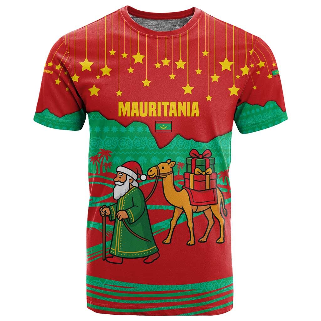 Mauritania Christmas T shirt Santa Claus Camel Gift Boxes Starry Sky and Desert - African Pride