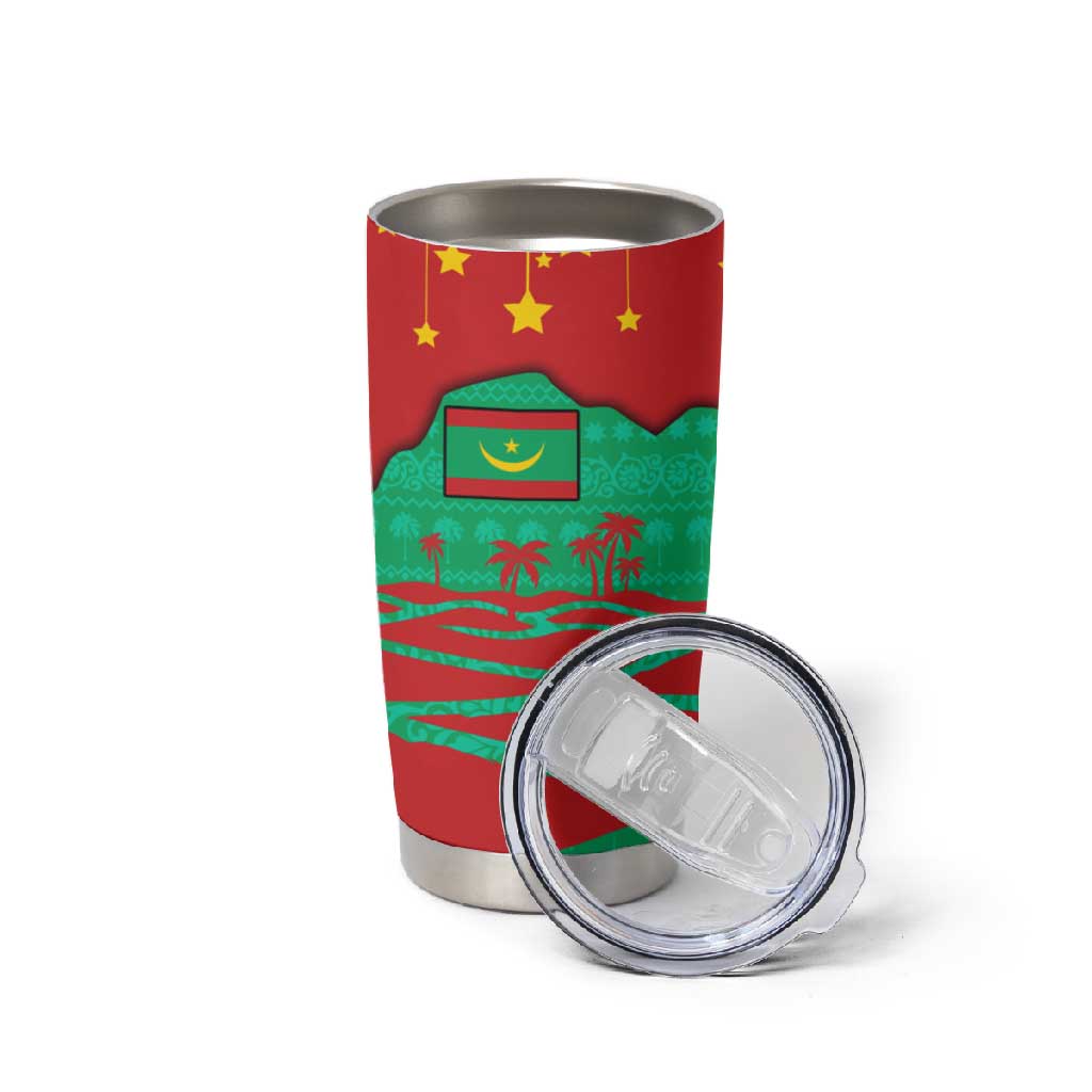 Mauritania Christmas Tumbler Cup Santa Claus Camel Gift Boxes Starry Sky and Desert - African Pride