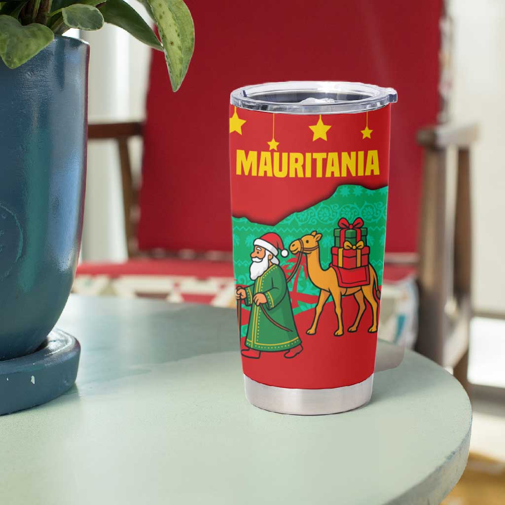 Mauritania Christmas Tumbler Cup Santa Claus Camel Gift Boxes Starry Sky and Desert - African Pride
