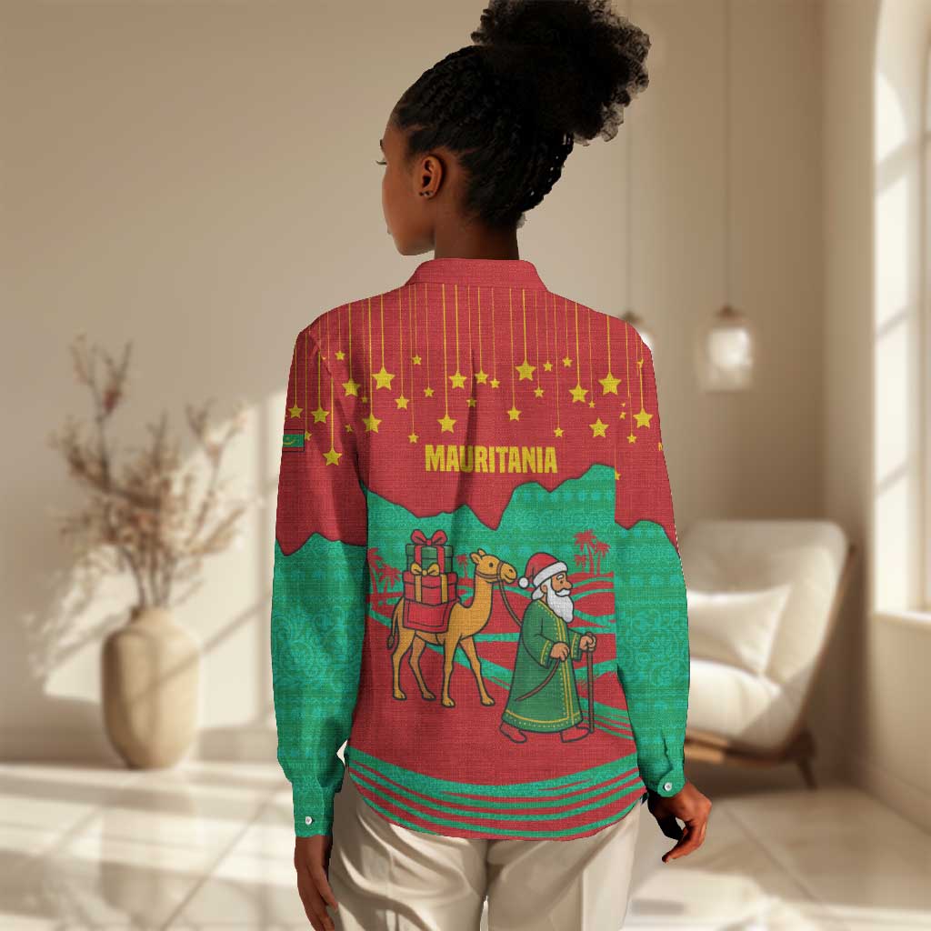 Mauritania Christmas Women Casual Shirt Santa Claus Camel Gift Boxes Starry Sky and Desert - African Pride