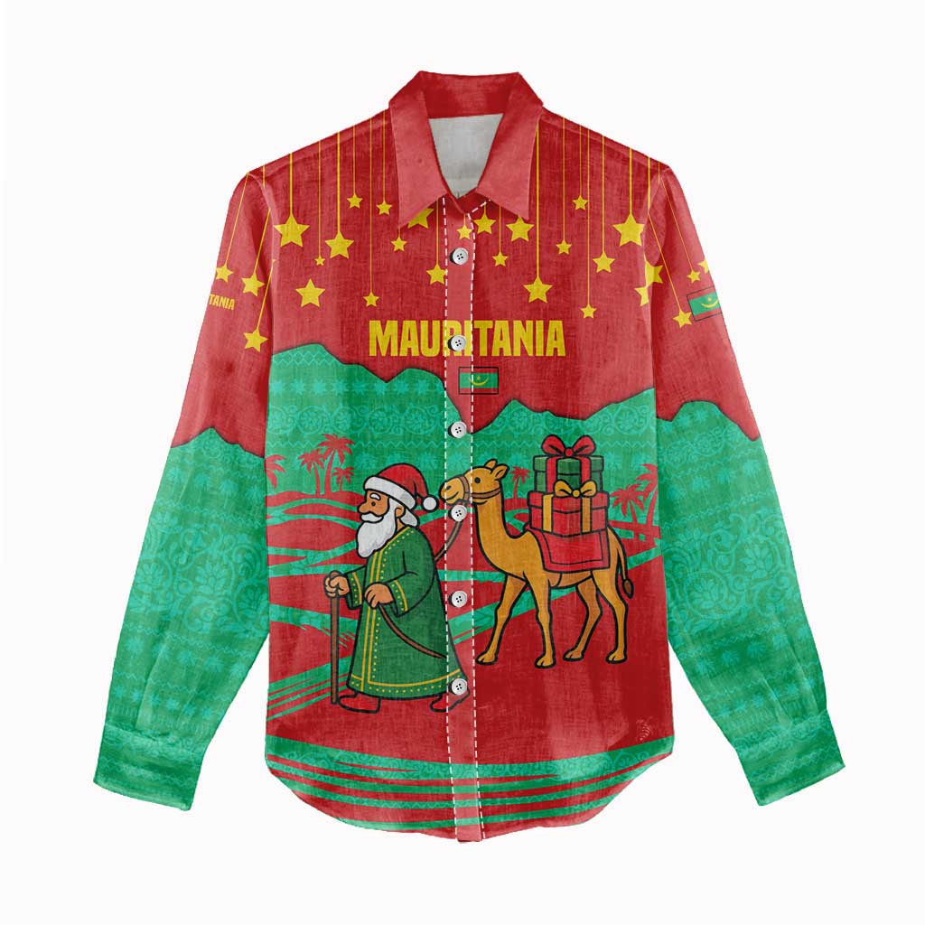Mauritania Christmas Women Casual Shirt Santa Claus Camel Gift Boxes Starry Sky and Desert - African Pride