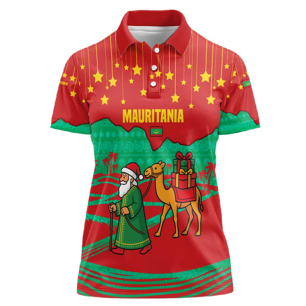 Mauritania Christmas Women Polo Shirt Santa Claus Camel Gift Boxes Starry Sky and Desert - African Pride