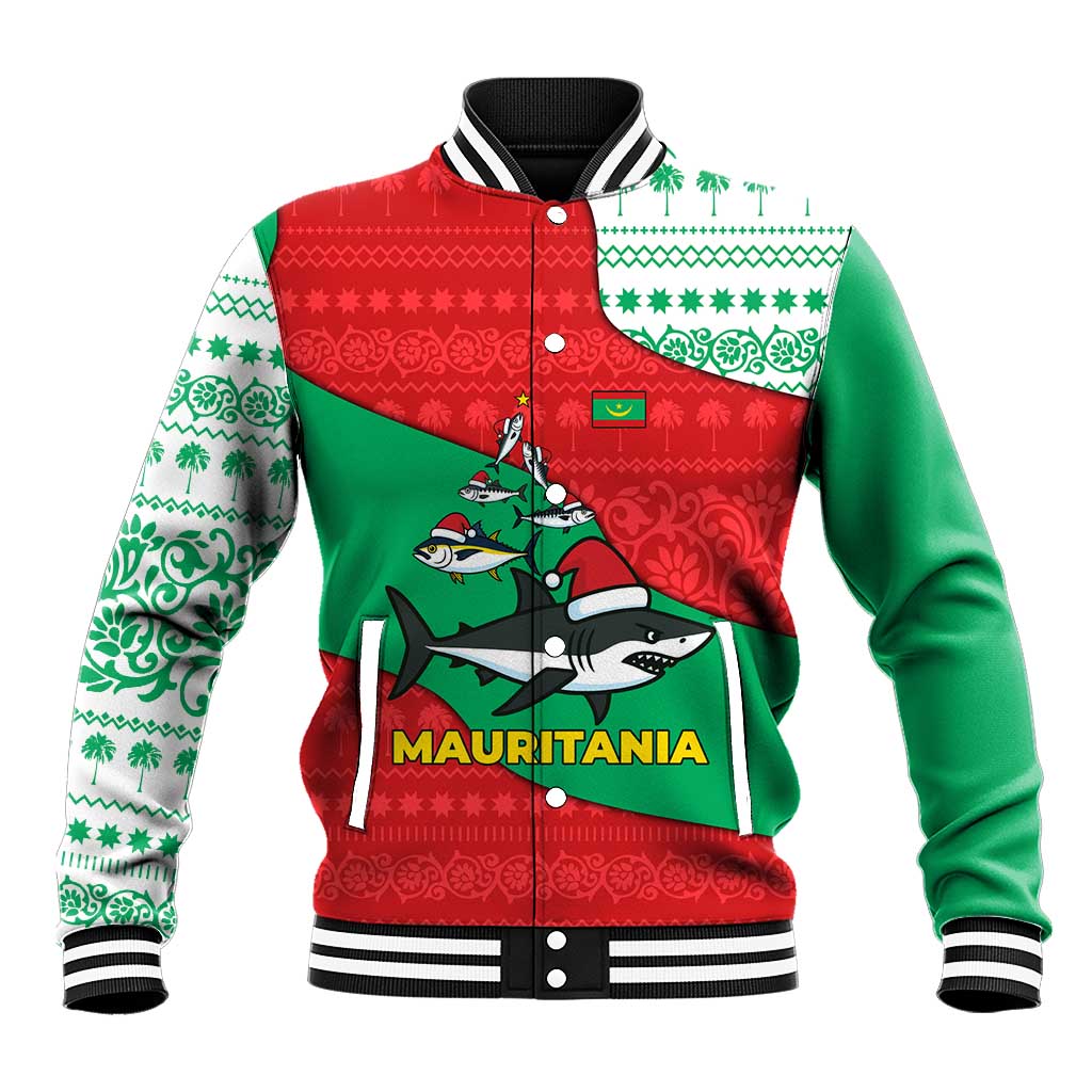 Mauritania Christmas Baseball Jacket Santa Sharks Festive Fish Pattern and Red Green Holiday - African Pride