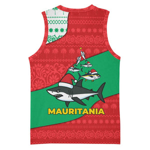 Mauritania Christmas Basketball Jersey Santa Sharks Festive Fish Pattern and Red Green Holiday TS04