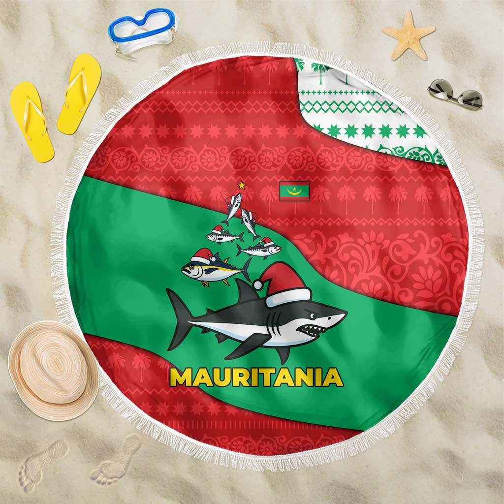Mauritania Christmas Beach Blanket Santa Sharks Festive Fish Pattern and Red Green Holiday - African Pride