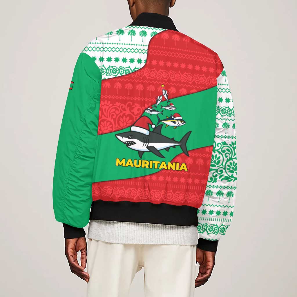 Mauritania Christmas Bomber Jacket Santa Sharks Festive Fish Pattern and Red Green Holiday - African Pride