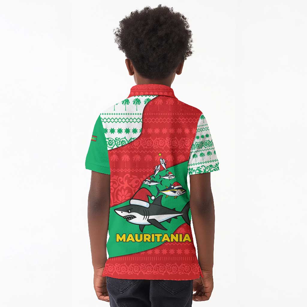 Mauritania Christmas Kid Polo Shirt Santa Sharks Festive Fish Pattern and Red Green Holiday - African Pride