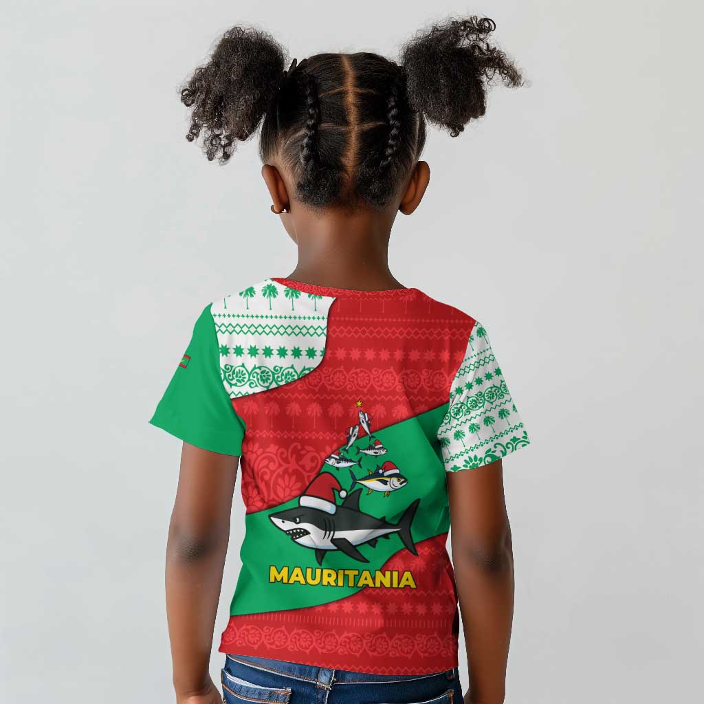 Mauritania Christmas Kid T shirt Santa Sharks Festive Fish Pattern and Red Green Holiday - African Pride