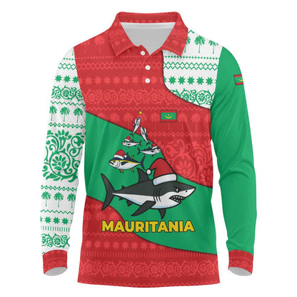 Mauritania Christmas Long Sleeve Polo Shirt Santa Sharks Festive Fish Pattern and Red Green Holiday - African Pride