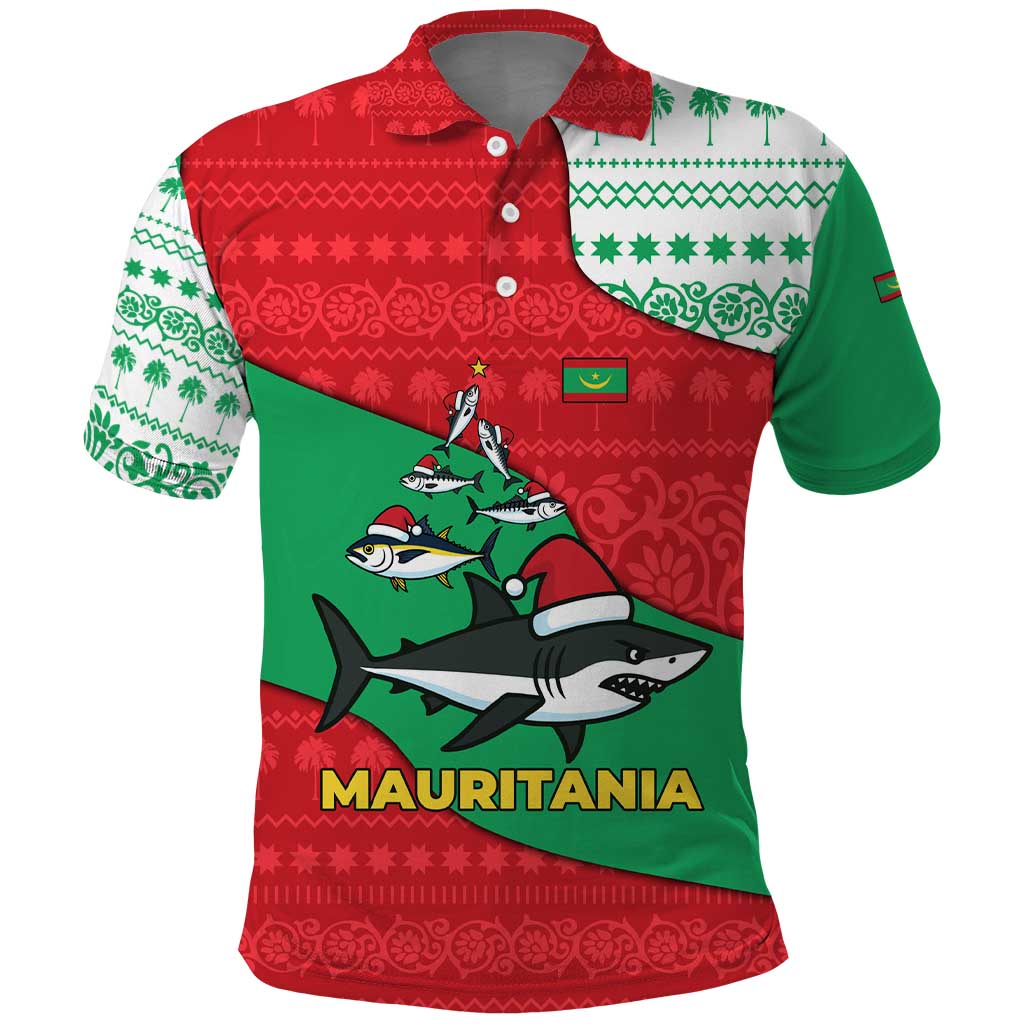 Mauritania Christmas Polo Shirt Santa Sharks Festive Fish Pattern and Red Green Holiday - African Pride