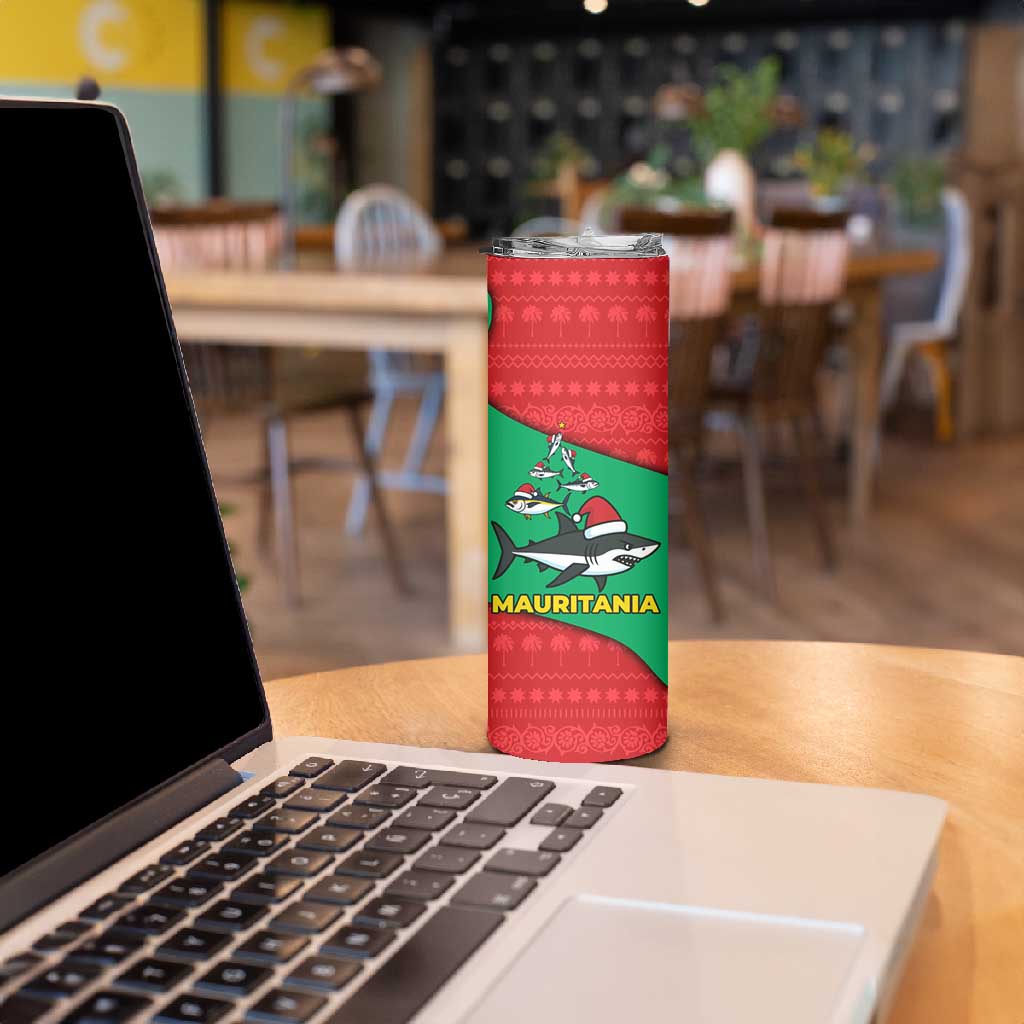 Mauritania Christmas Skinny Tumbler Santa Sharks Festive Fish Pattern and Red Green Holiday - African Pride