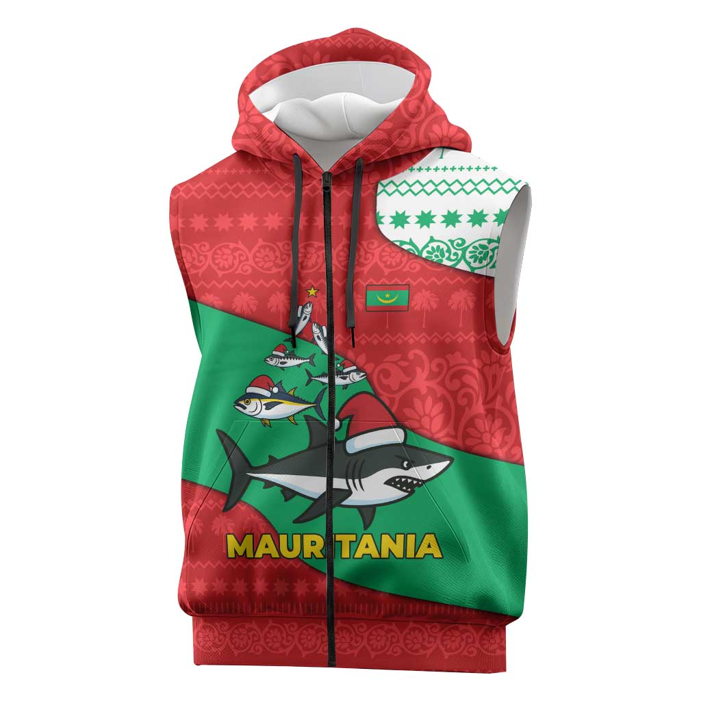 Mauritania Christmas Sleeveless Zip Hoodie Santa Sharks Festive Fish Pattern and Red Green Holiday - African Pride