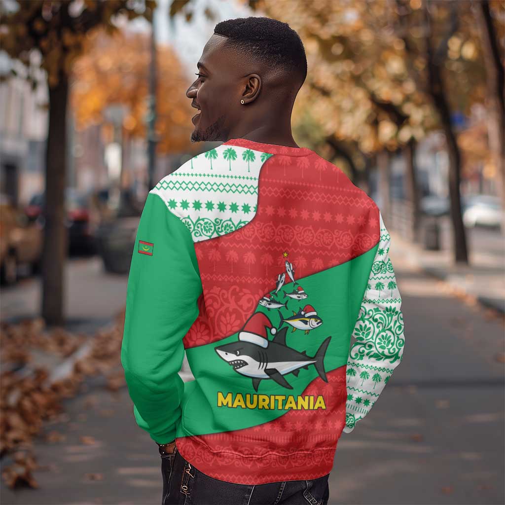 Mauritania Christmas Sweatshirt Santa Sharks Festive Fish Pattern and Red Green Holiday - African Pride