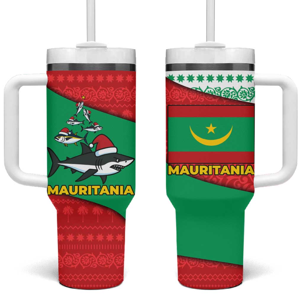 Mauritania Christmas Tumbler With Handle Santa Sharks Festive Fish Pattern and Red Green Holiday - African Pride