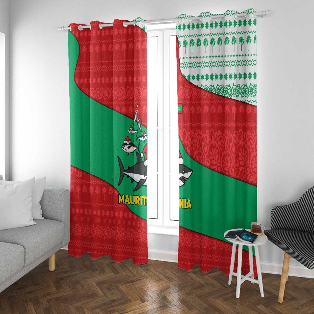Mauritania Christmas Window Curtain Santa Sharks Festive Fish Pattern and Red Green Holiday - African Pride