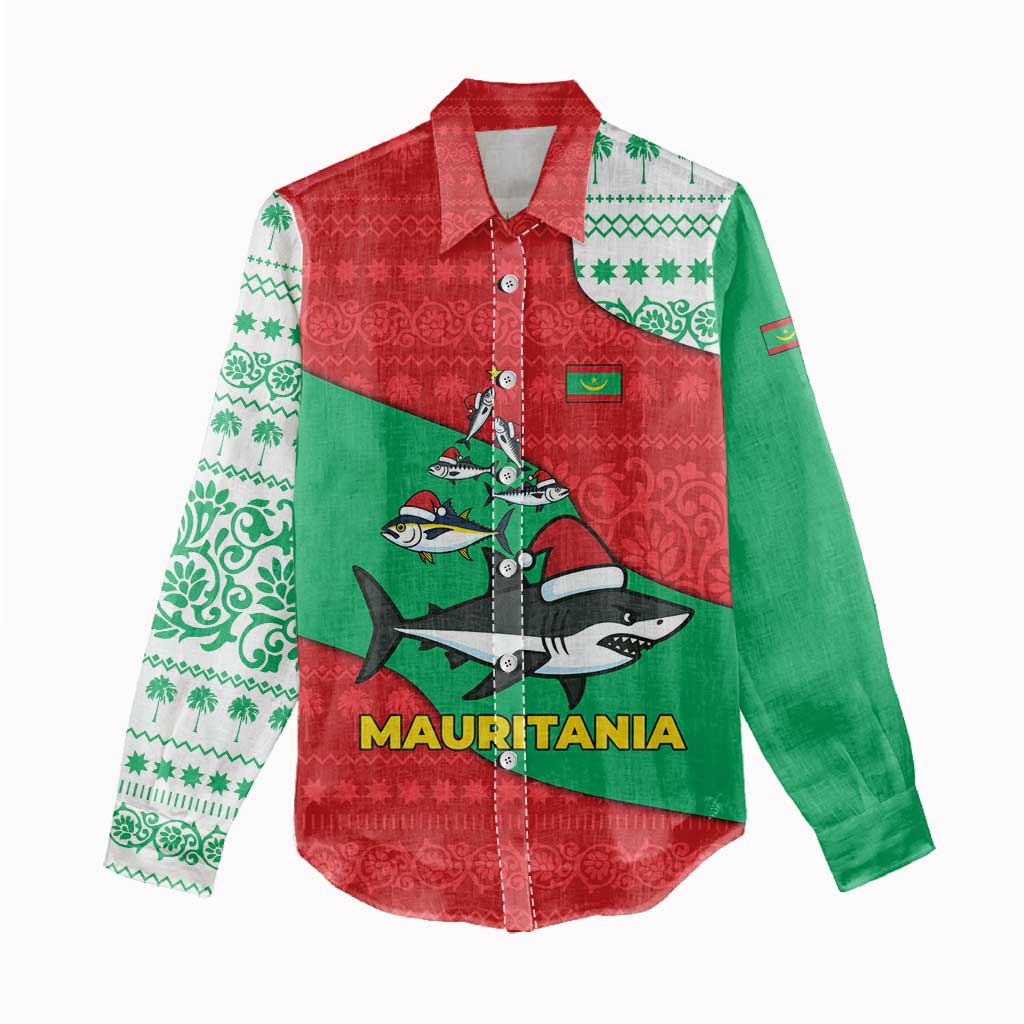 Mauritania Christmas Women Casual Shirt Santa Sharks Festive Fish Pattern and Red Green Holiday - African Pride