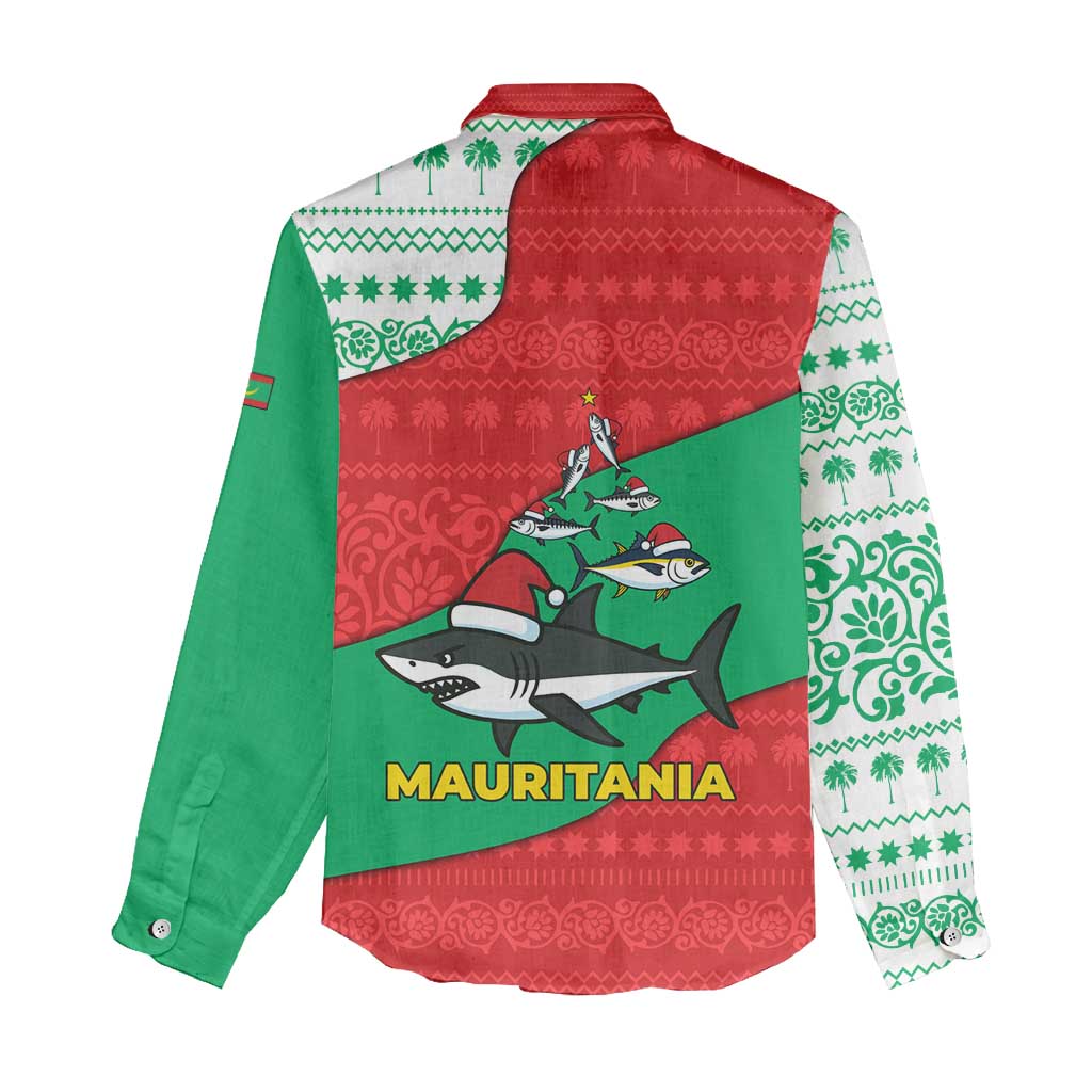 Mauritania Christmas Women Casual Shirt Santa Sharks Festive Fish Pattern and Red Green Holiday - African Pride