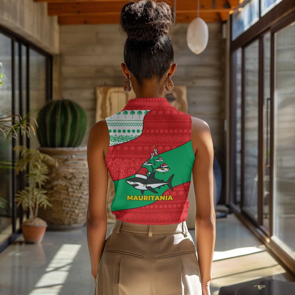 Mauritania Christmas Women Sleeveless Polo Shirt Santa Sharks Festive Fish Pattern and Red Green Holiday - African Pride
