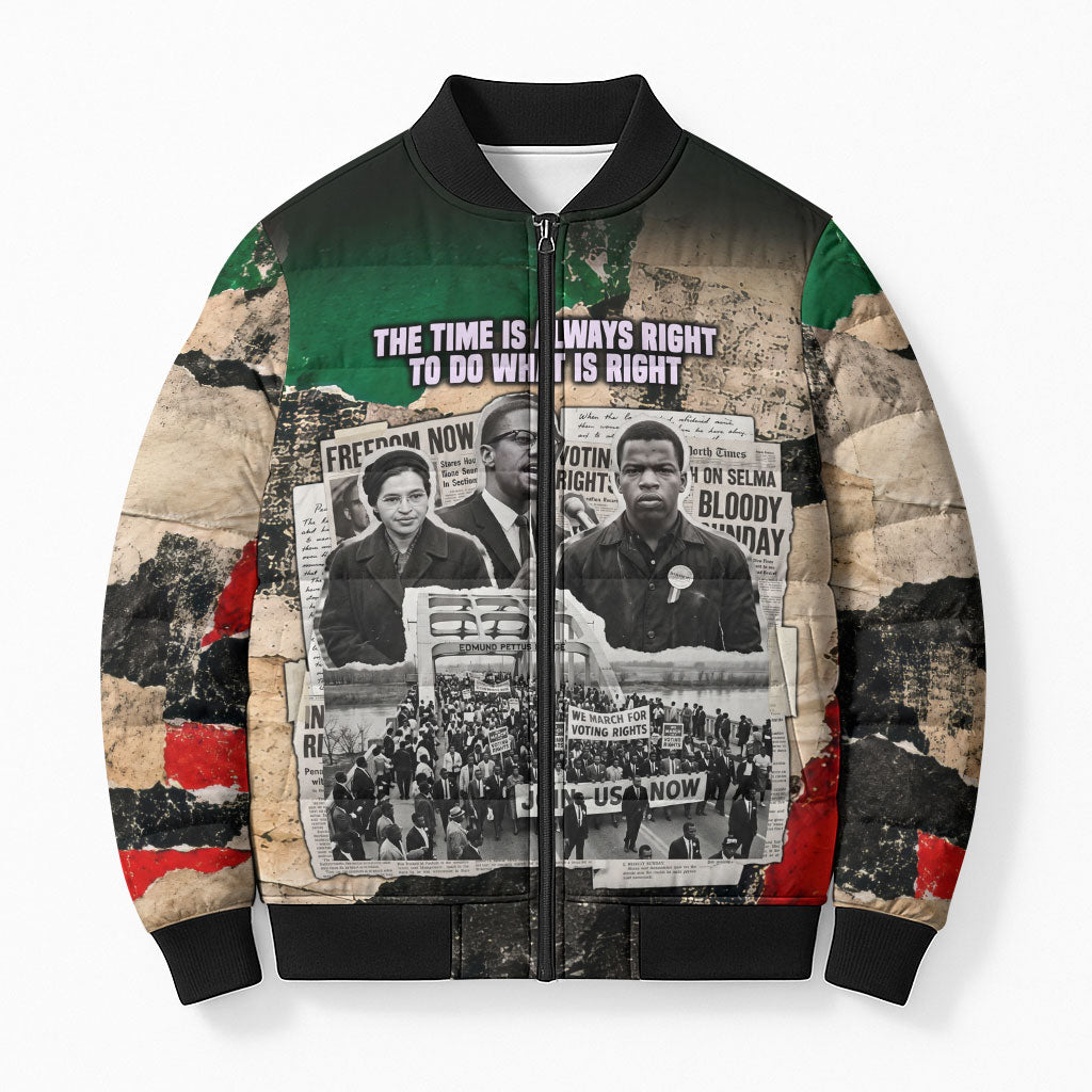 Civil Rights Leaders Bomber Puffer Jacket Vintage Newspaper Collage Pan-African - Civil Rights Movement