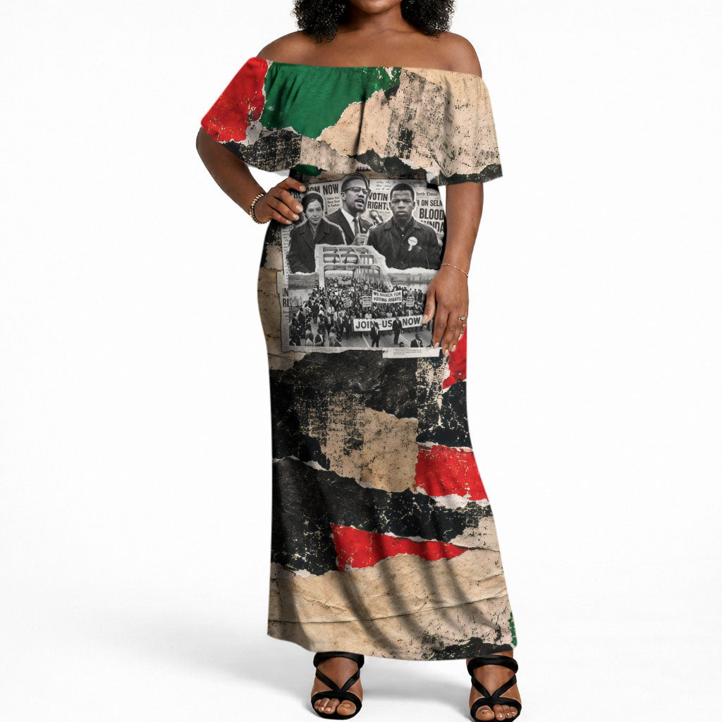 Civil Rights Leaders Off Shoulder Maxi Dress Vintage Newspaper Collage Pan-African - Civil Rights Movement