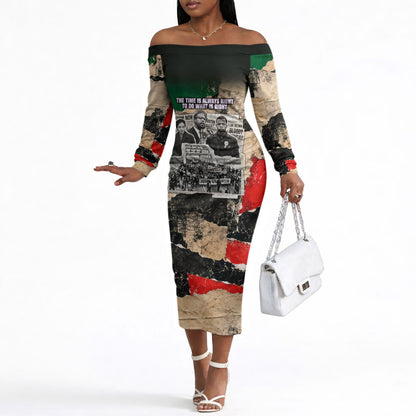 Civil Rights Leaders Off The Shoulder Long Sleeve Dress Vintage Newspaper Collage Pan-African - Civil Rights Movement