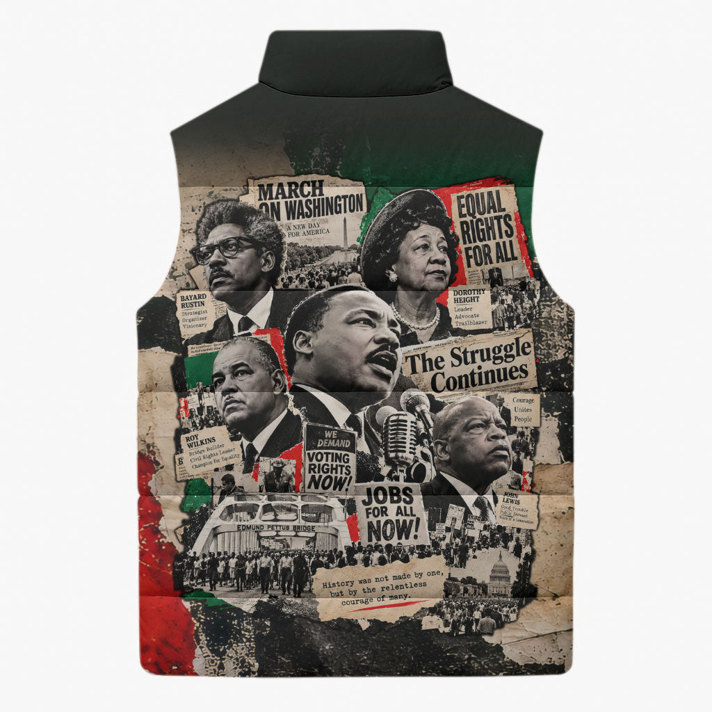 Civil Rights Leaders Sleeveless Puffer Jacket Vintage Newspaper Collage Pan-African - Civil Rights Movement