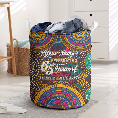 Personalized African 65th Birthday Black Excellence Laundry Basket Vibrant Traditional Tribal Geometric Patterns
