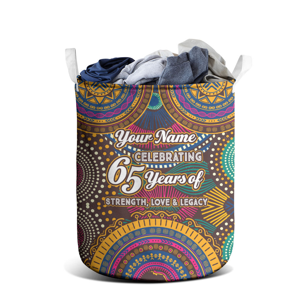 Personalized African 65th Birthday Black Excellence Laundry Basket Vibrant Traditional Tribal Geometric Patterns