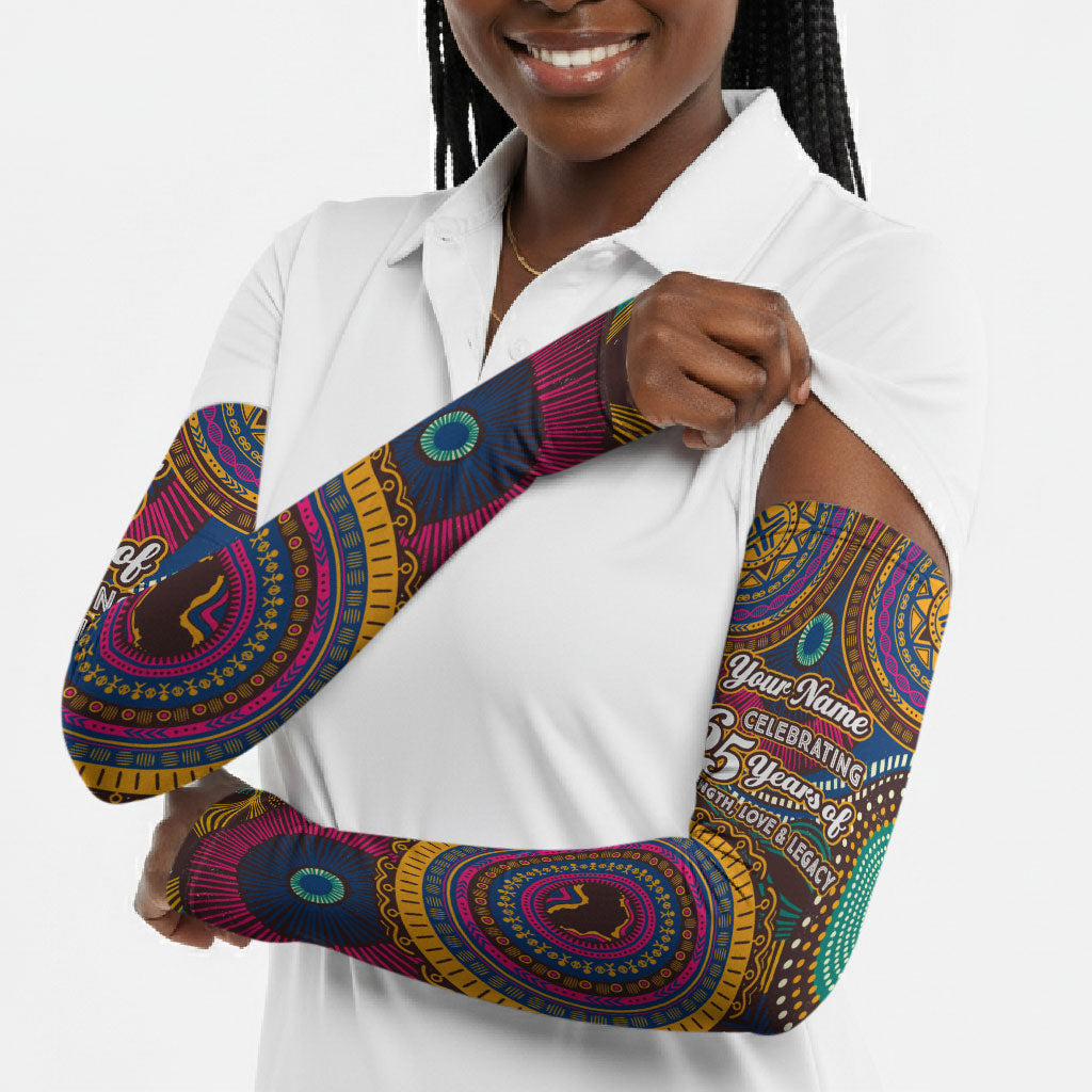 Personalized African 65th Birthday Black Excellence Arm Sleeves Vibrant Traditional Tribal Geometric Patterns