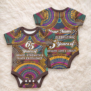 Personalized African 65th Birthday Black Excellence Baby Onesie Vibrant Traditional Tribal Geometric Patterns