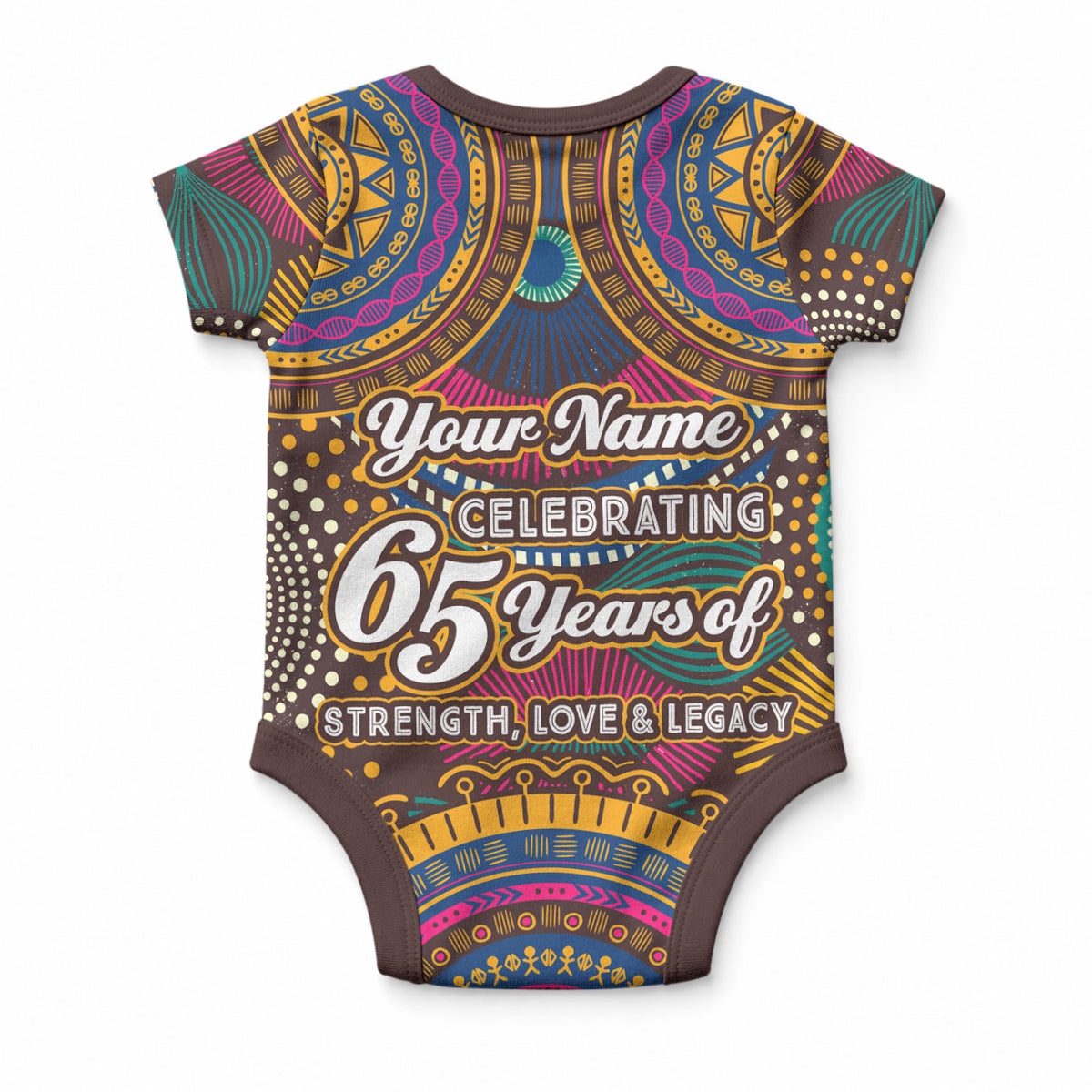 Personalized African 65th Birthday Black Excellence Baby Onesie Vibrant Traditional Tribal Geometric Patterns