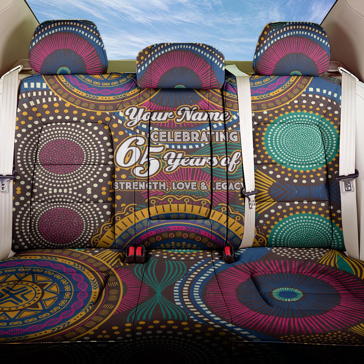 Personalized African 65th Birthday Black Excellence Back Car Seat Cover Vibrant Traditional Tribal Geometric Patterns