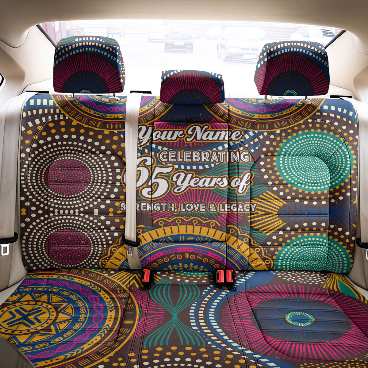 Personalized African 65th Birthday Black Excellence Back Car Seat Cover Vibrant Traditional Tribal Geometric Patterns