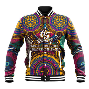Personalized African 65th Birthday Black Excellence Baseball Jacket Vibrant Traditional Tribal Geometric Patterns
