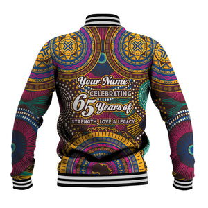 Personalized African 65th Birthday Black Excellence Baseball Jacket Vibrant Traditional Tribal Geometric Patterns