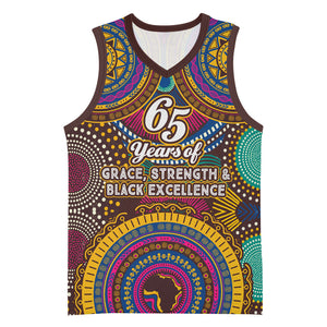 Personalized African 65th Birthday Black Excellence Basketball Jersey Vibrant Traditional Tribal Geometric Patterns