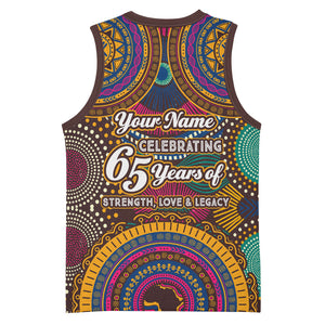 Personalized African 65th Birthday Black Excellence Basketball Jersey Vibrant Traditional Tribal Geometric Patterns