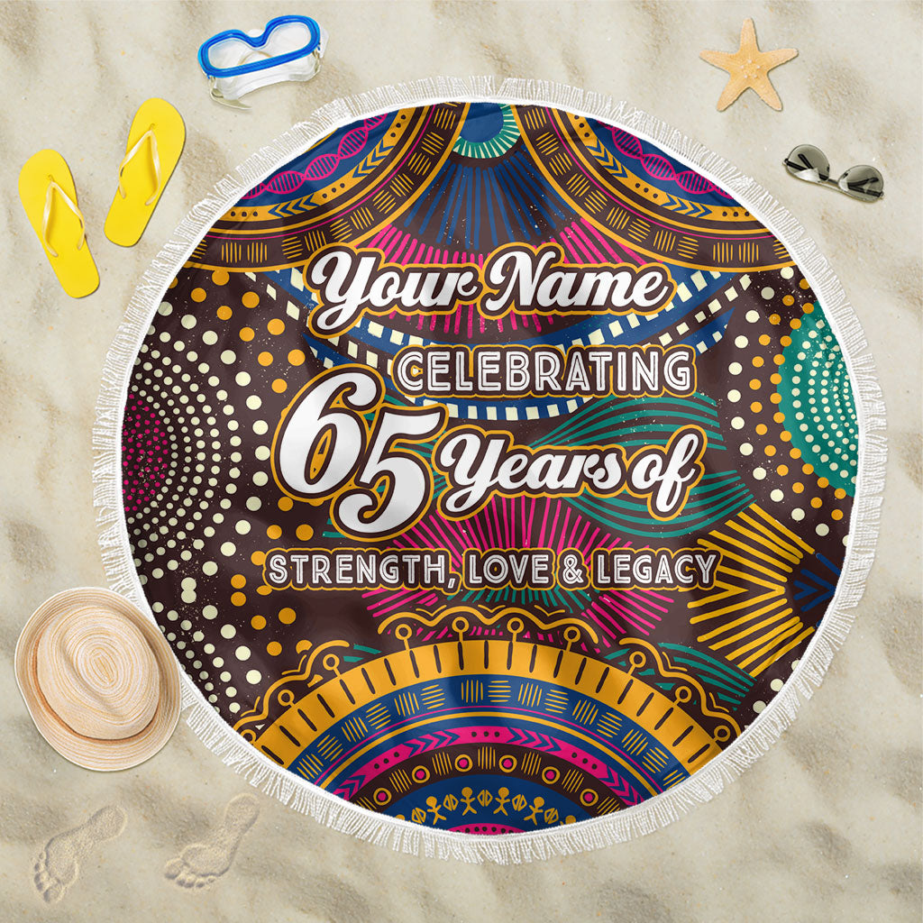 Personalized African 65th Birthday Black Excellence Beach Blanket Vibrant Traditional Tribal Geometric Patterns