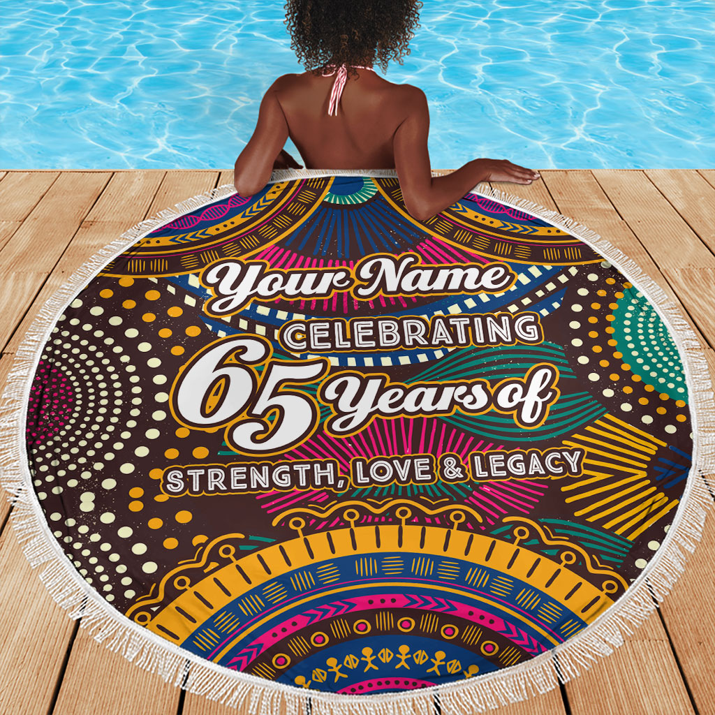 Personalized African 65th Birthday Black Excellence Beach Blanket Vibrant Traditional Tribal Geometric Patterns