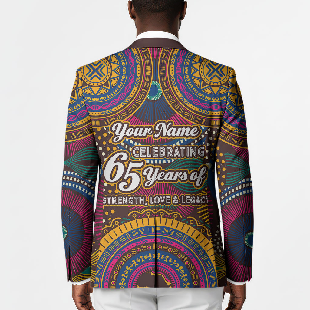 Personalized African 65th Birthday Black Excellence Blazer Vibrant Traditional Tribal Geometric Patterns