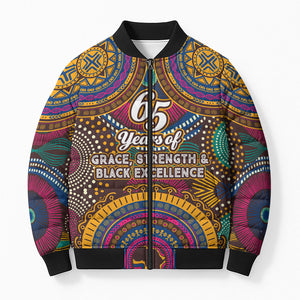 Personalized African 65th Birthday Black Excellence Bomber Puffer Jacket Vibrant Traditional Tribal Geometric Patterns