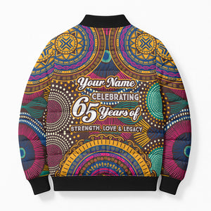 Personalized African 65th Birthday Black Excellence Bomber Puffer Jacket Vibrant Traditional Tribal Geometric Patterns