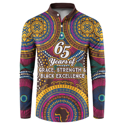 Personalized African 65th Birthday Black Excellence Button Sweatshirt Vibrant Traditional Tribal Geometric Patterns