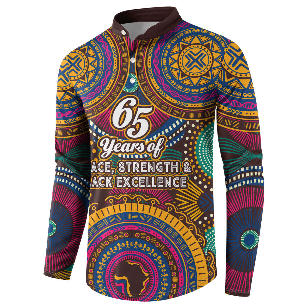 Personalized African 65th Birthday Black Excellence Button Sweatshirt Vibrant Traditional Tribal Geometric Patterns